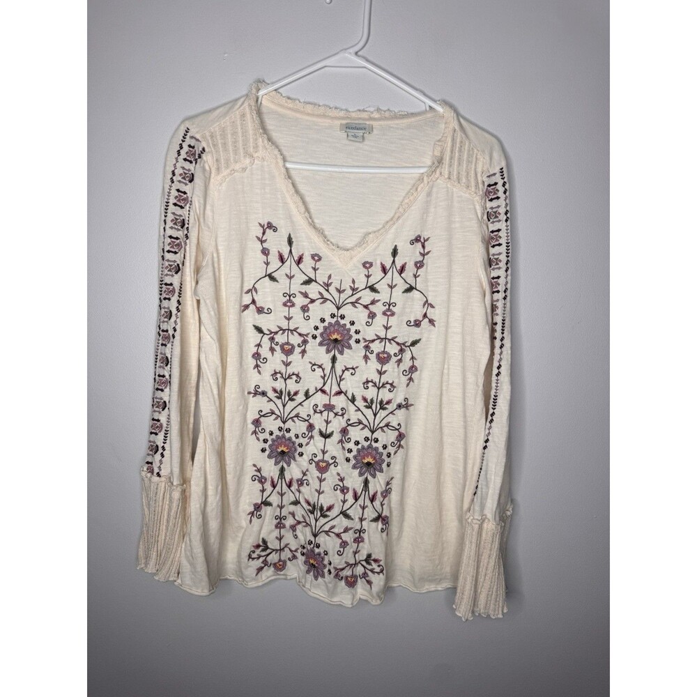 Sundance Floral Embroidered Boho Bell Sleeve Peasant Top V Neck Shirt Size L